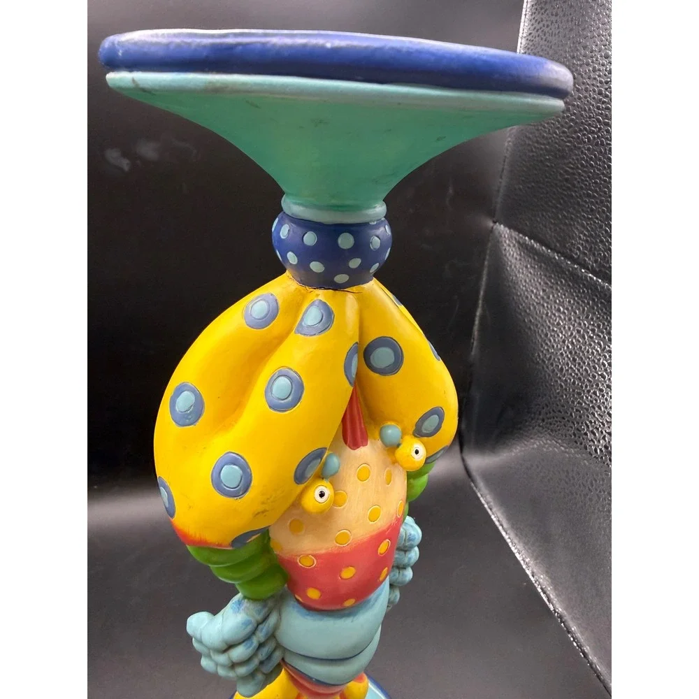 Rare Whimsical Hand Painted Lobster Pillar Candle Holder Coastal Folk Art Decor